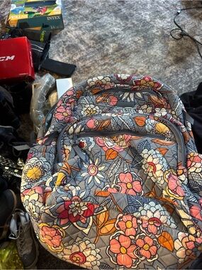 Vera Bradley Gray Quilted Backpack with Pink & Orange Floral Print